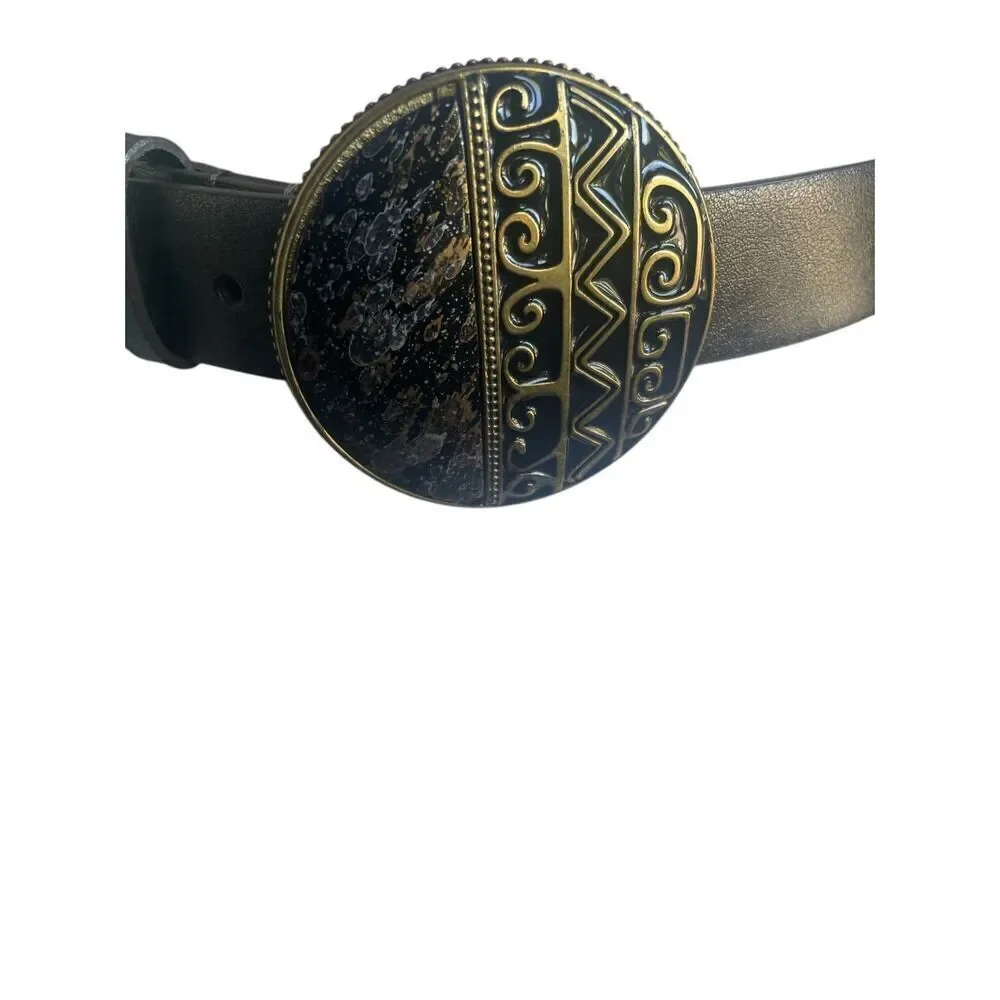 Chicos Leather Black Gold Metallic Large Buckle Belt Size S Retro